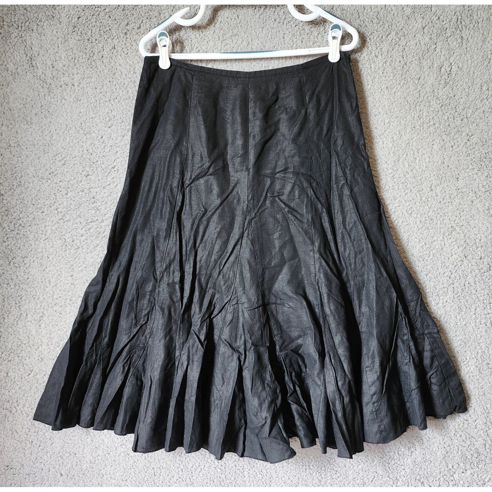 Liz Claiborne Skirt Womens 6 Black 100% Linen Flared Pleated Midi Paneled